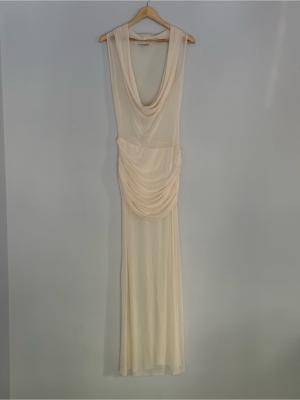Sheer Cream Maxi Dress Cowl Neck Draped Ruched Size Medium Mesh Stretchy Breezy